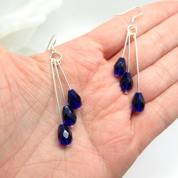 Colbalt blue triple dangle Czech bead earrings - Picture 6 of 9